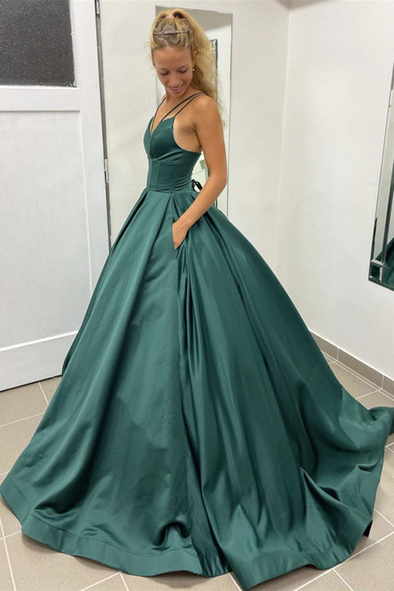 V Neck Dark Green Long Satin Prom Dresses Dark Green Long Formal Even Eip Collection 7942