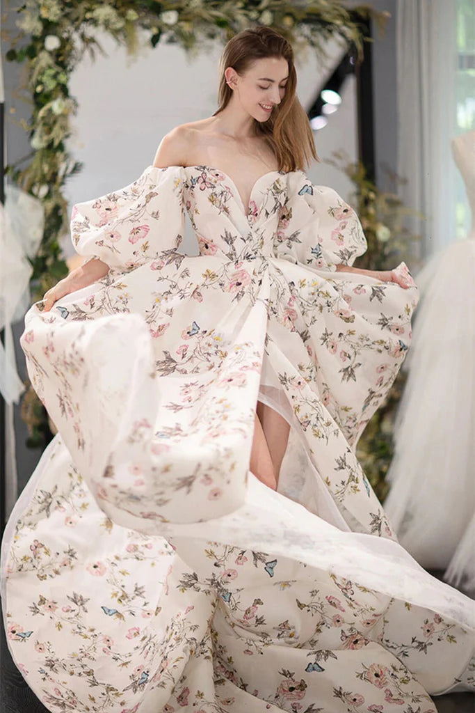 Stylish Long Sleeves Printed Pattern Long Prom Dress with High