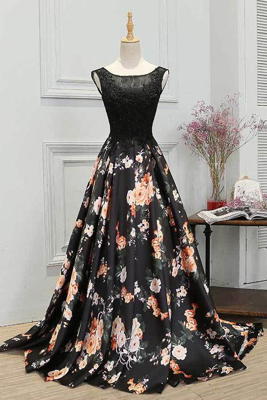 Round Neck Black Floral Lace Long Prom Dresses, Black Lace Floral
