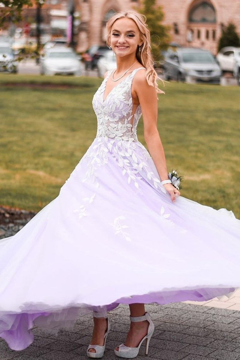 Violet Purple Spandex White Lace Sleeved Prom Gown