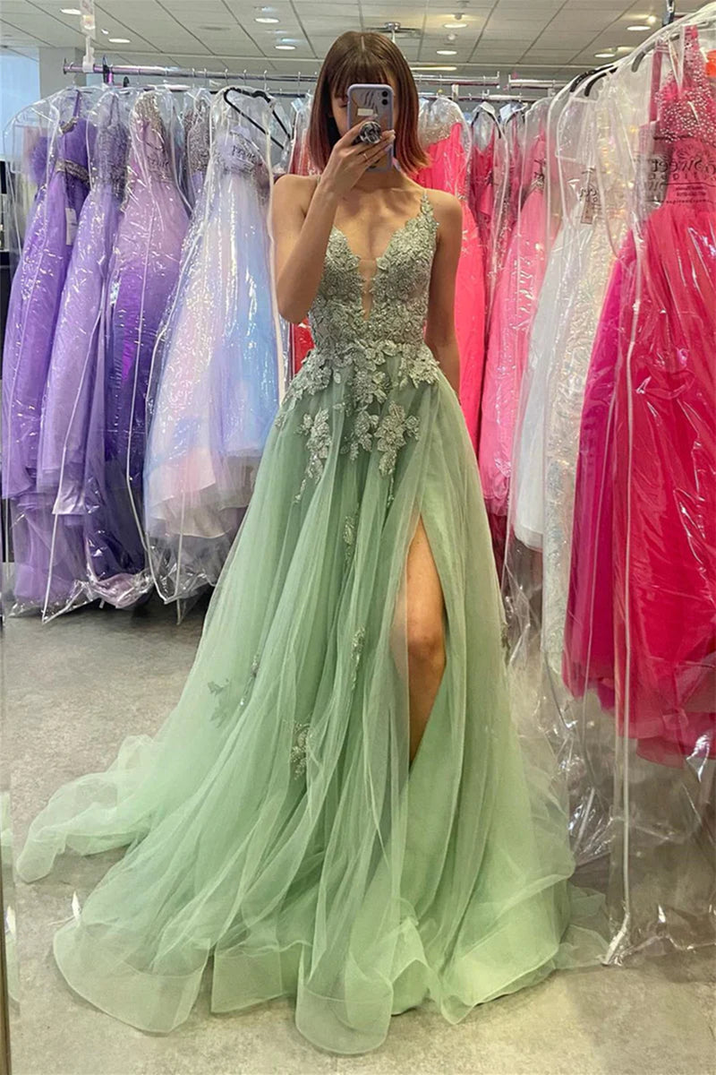 A Line V Neck Sage Green Lace Prom Dresses, Green Lace Formal Gradutio