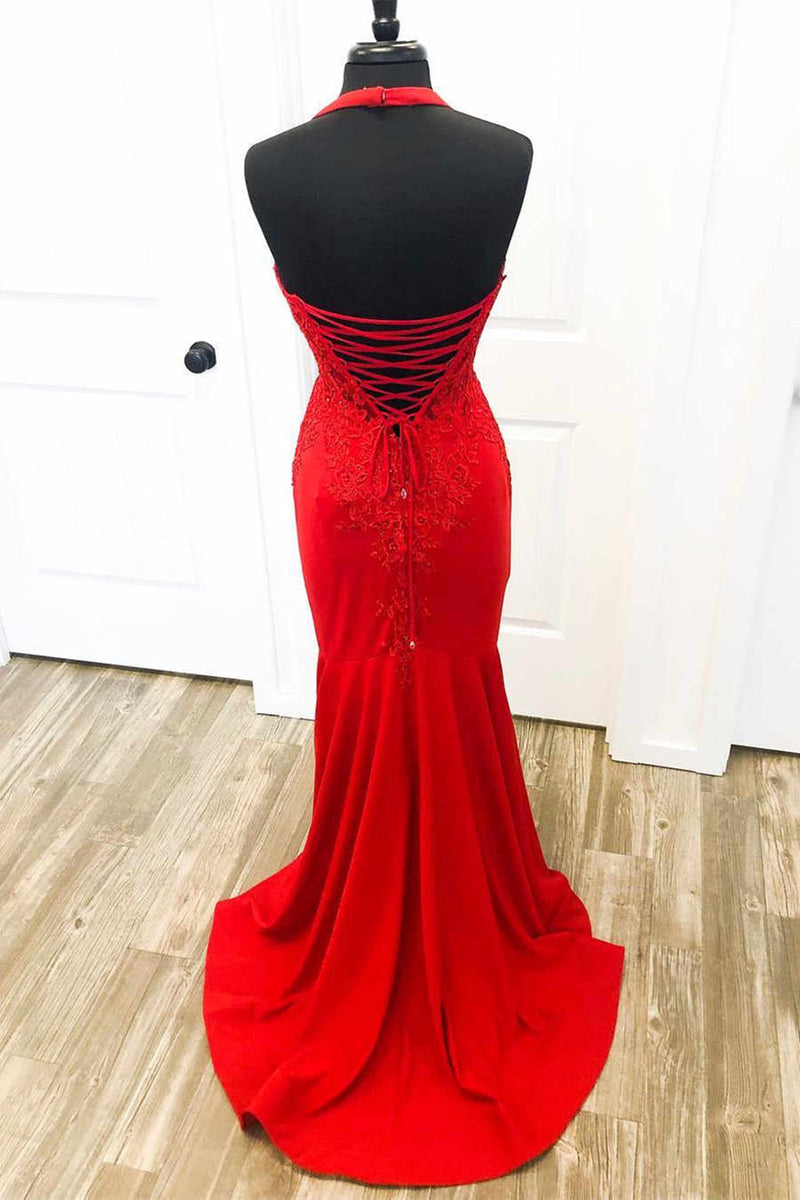 Halter Neck Mermaid Backless Red Lace Long Prom Dresses Mermaid Red F