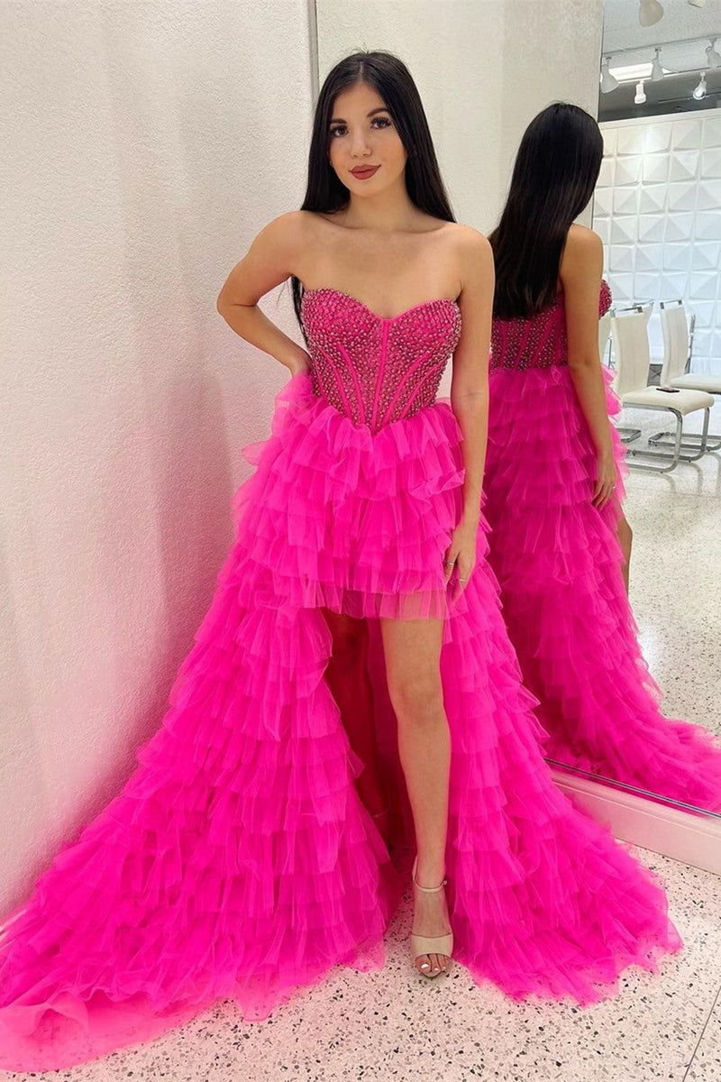 Unique Ruffled Pink Tulle Beaded High-low Prom Gown - VQ