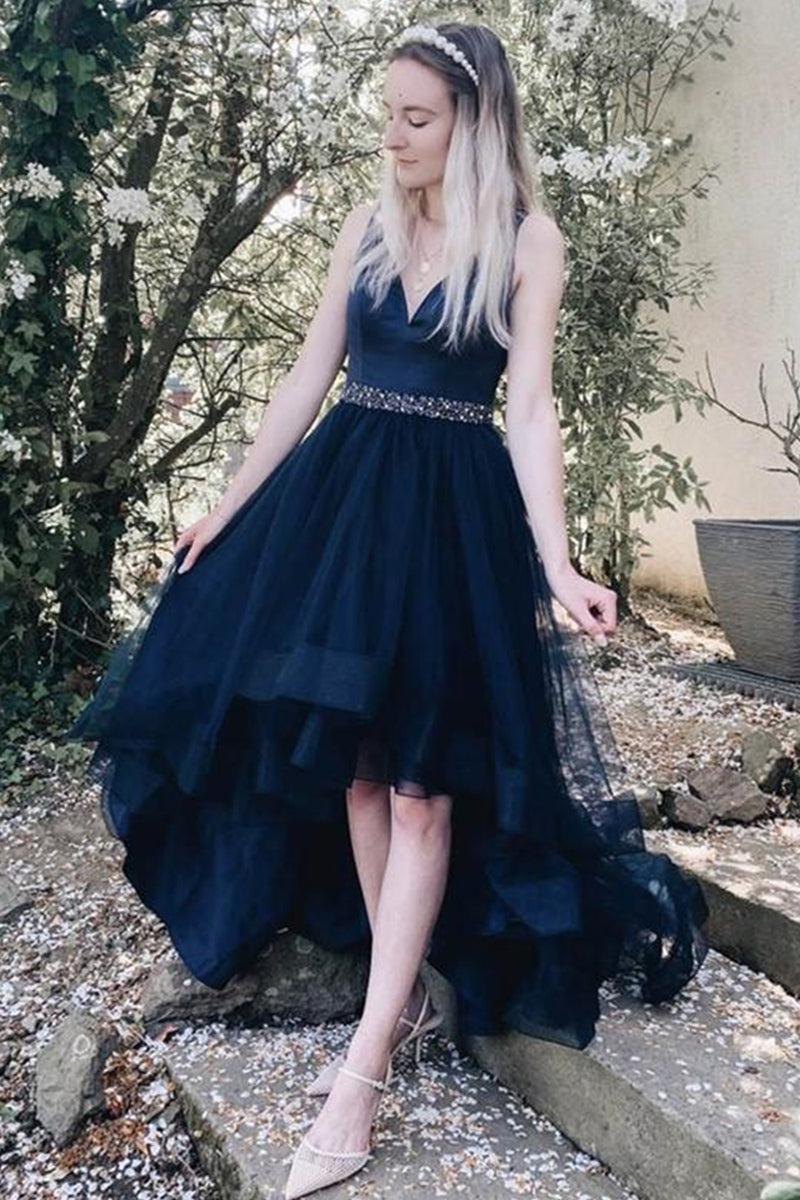 High Low V Neck Navy Blue Prom Dresses with Belt High Low Navy Blue F Eip Collection