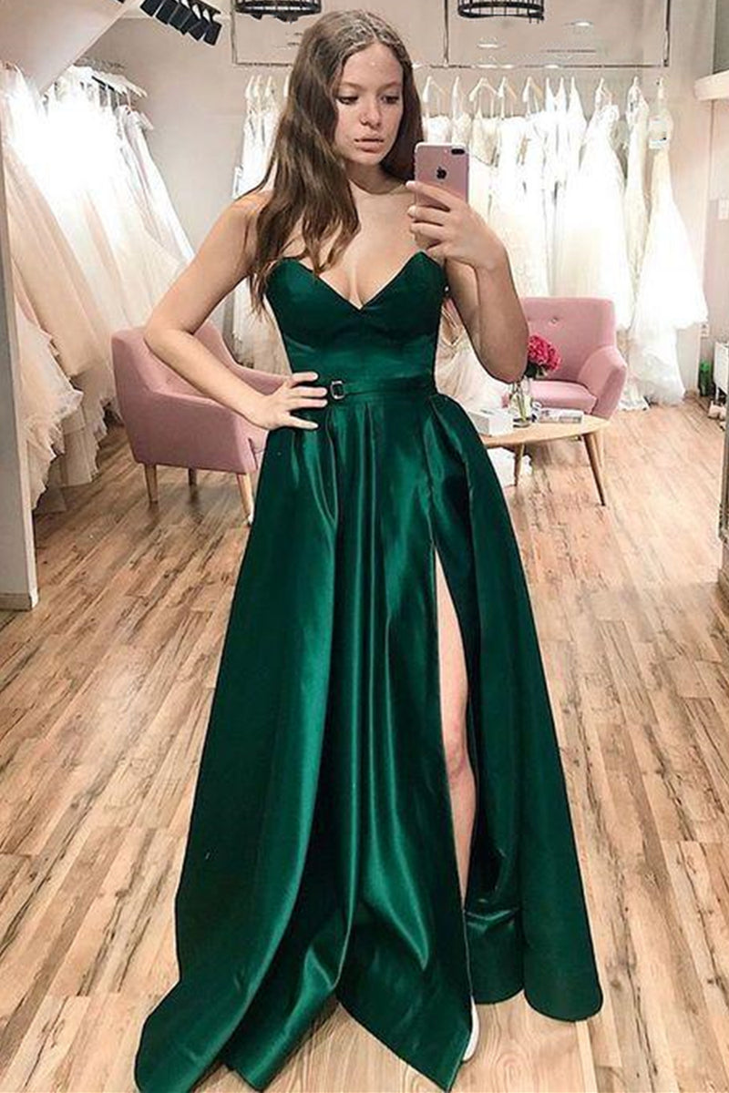 Strapless Emerald Green Satin Long Prom Dresses with Slit, Emerald Gre