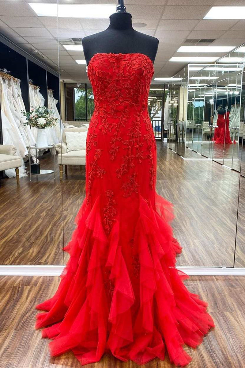 Strapless Red Mermaid Lace Prom Dresses, Red Mermaid Lace Formal Eveni 