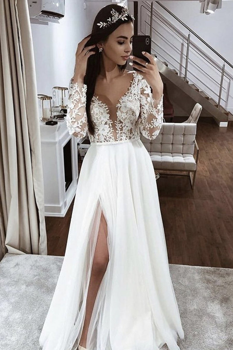 Deep V neck Long Sleeves White Lace Wedding Dress with Split White La Eip Collection