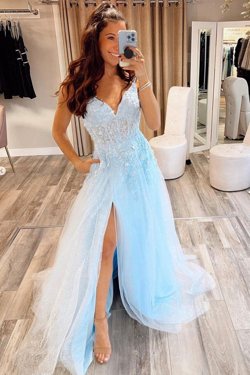 Charming Light Blue Lace Long Prom Dresses with Slit, Formal Evening Dress  PD194