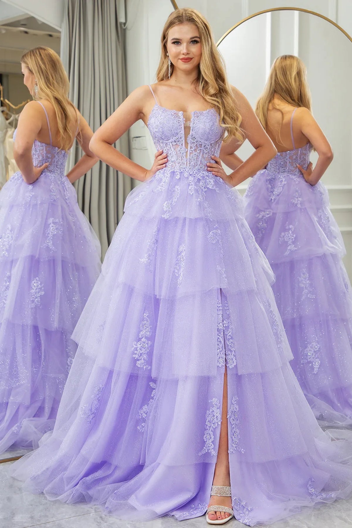 A Line Lilac Purple Lace Layered Prom Dresses, Purple Layered Lace Formal Evening Dresses