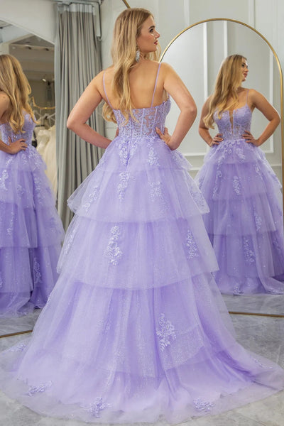 A Line Lilac Purple Lace Layered Prom Dresses, Purple Layered Lace Formal Evening Dresses