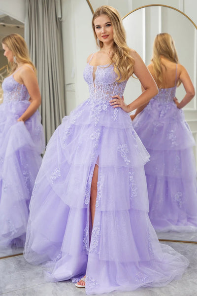 A Line Lilac Purple Lace Layered Prom Dresses, Purple Layered Lace Formal Evening Dresses