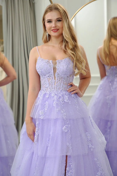 A Line Lilac Purple Lace Layered Prom Dresses, Purple Layered Lace Formal Evening Dresses