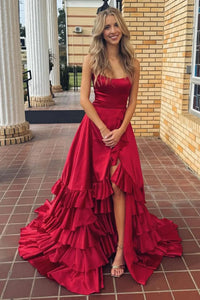 A Line Scoop Neck Dark Red High Low Satin Prom Dresses, High Low Satin Long Formal Evening Dresses