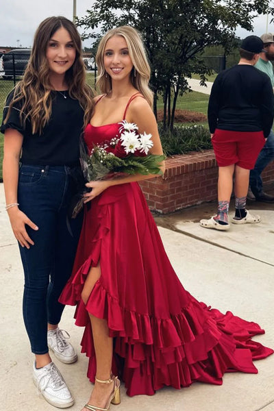 A Line Scoop Neck Dark Red High Low Satin Prom Dresses, High Low Satin Long Formal Evening Dresses