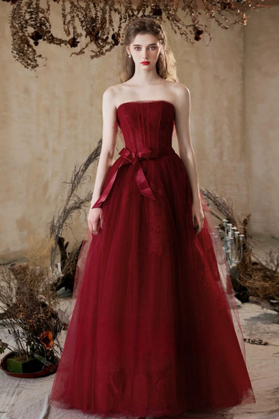 A Line Strapless Burgundy Tulle Floral Long Prom Dresses, Wine Red Long Formal Evening Dresses