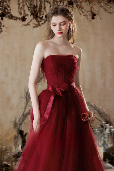 A Line Strapless Burgundy Tulle Floral Long Prom Dresses, Wine Red Long Formal Evening Dresses