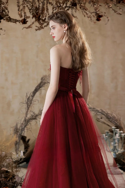 A Line Strapless Burgundy Tulle Floral Long Prom Dresses, Wine Red Long Formal Evening Dresses