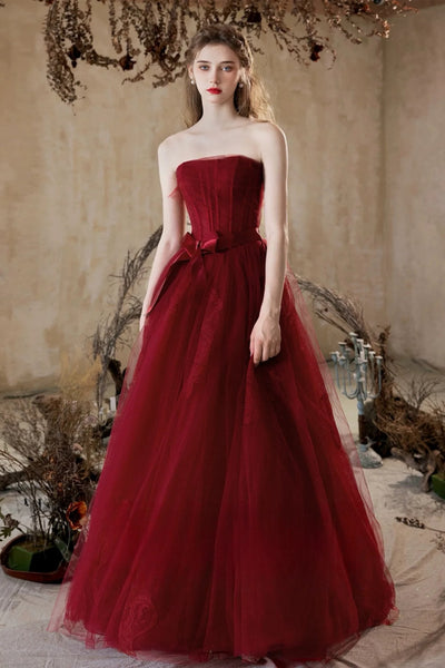 A Line Strapless Burgundy Tulle Floral Long Prom Dresses, Wine Red Long Formal Evening Dresses