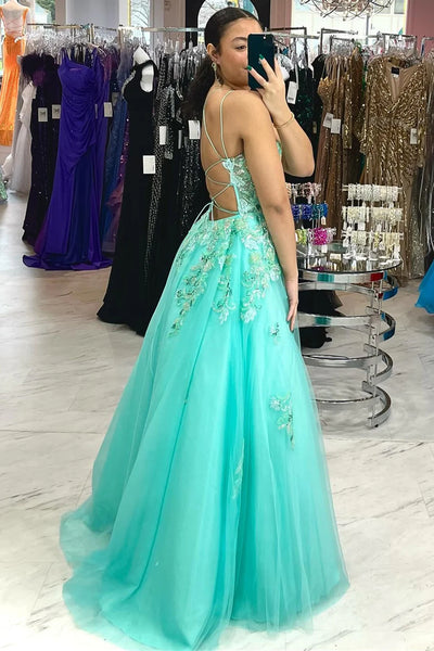 A Line V Neck Backless Aqua Lace Long Prom Dresses, Aqua Lace Formal Graduation Evening Dresses