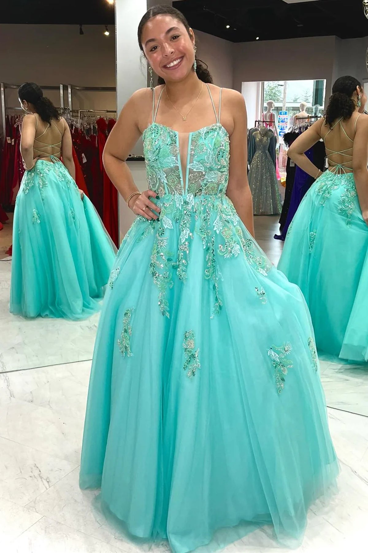 A Line V Neck Backless Aqua Lace Long Prom Dresses, Aqua Lace Formal Graduation Evening Dresses