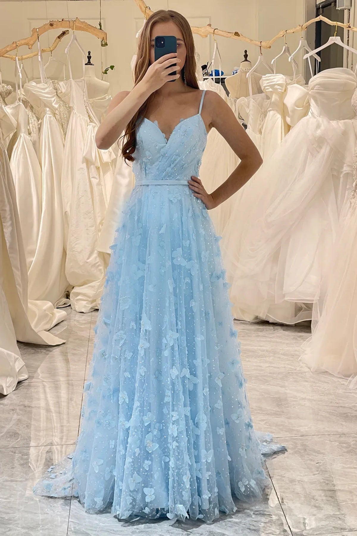 A Line V Neck Blue Butterfly Prom Dresses, Blue Butterfly Formal Evening Dresses