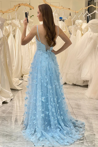 A Line V Neck Blue Butterfly Prom Dresses, Blue Butterfly Formal Evening Dresses