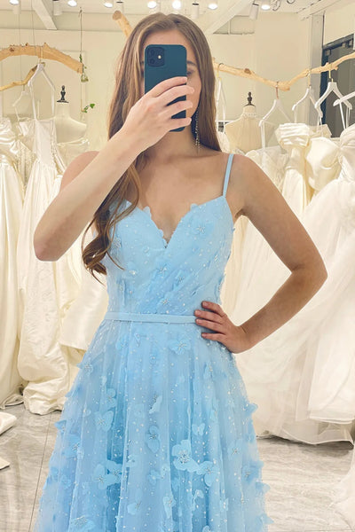 A Line V Neck Blue Butterfly Prom Dresses, Blue Butterfly Formal Evening Dresses