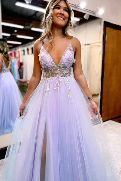 A Line V Neck Open Back Purple Lace Long Prom Dresses with High Slit, Lilac Lace Formal Graduation Evening Dresses