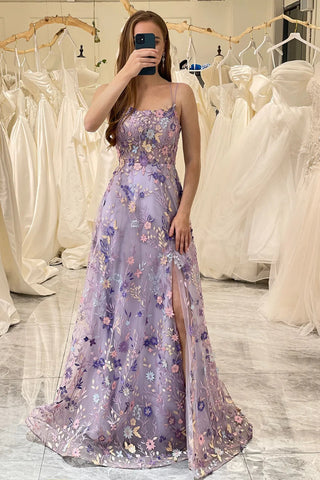 Backless Purple Floral Long Prom Dresses, Open Back Purple Floral Long Formal Evening Dresses