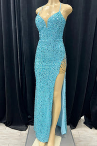 Backless V Neck Blue Mermaid Sequins Long Prom Dresses, Open Back Blue Sequins Mermaid Long Formal Evening Dresses