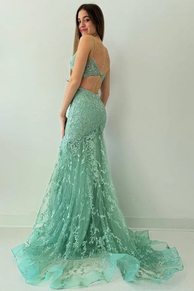 Backless V Neck Sage Green Lace Long Prom Dresses, Green Lace Formal Dresses, Green Evening Dresses