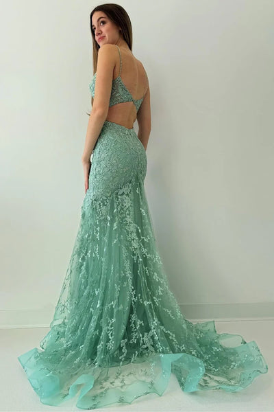 Backless V Neck Sage Green Lace Long Prom Dresses, Green Lace Formal Dresses, Green Evening Dresses