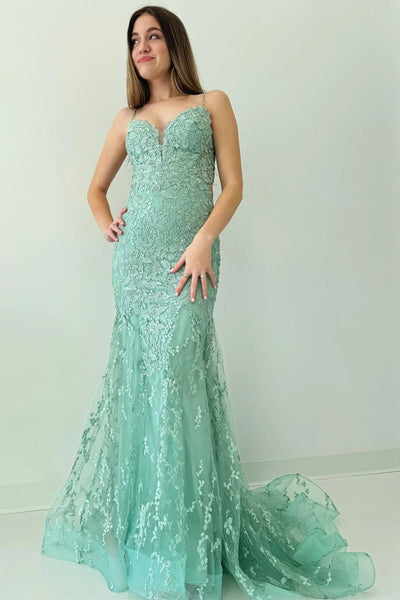 Backless V Neck Sage Green Lace Long Prom Dresses, Green Lace Formal Dresses, Green Evening Dresses