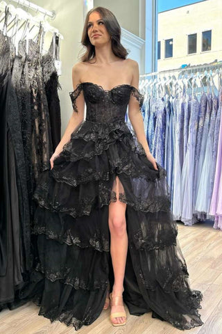 Black Layered Lace Prom Dresses, Black Lace Layered Long Formal Graduation Dresses