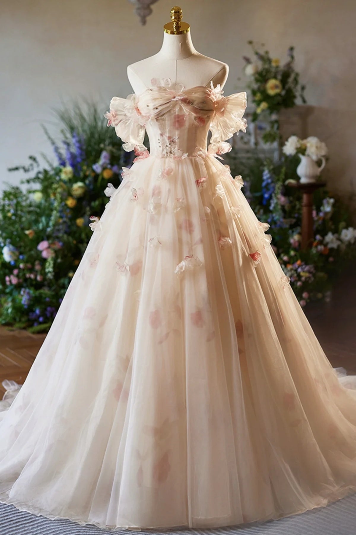 Champagne Tulle Floral Floor Length Long Prom Dresses, Off the Shoulder Pink Floral Formal Graduation Dresses