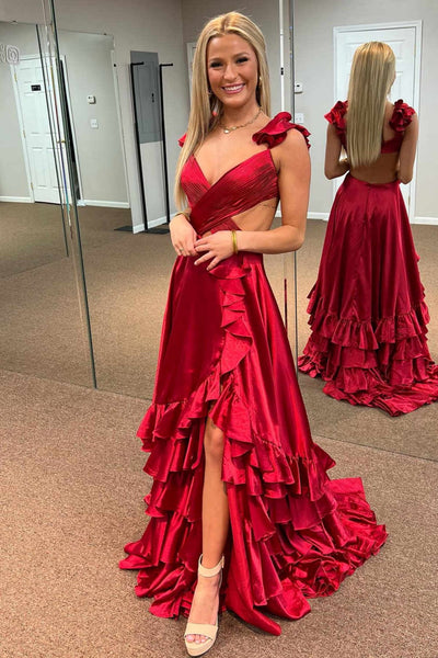 Criss Cross Top Ruffled Straps Red Green Golden Pink Pleated Layered Long Prom Dresses, Criss Cross Layered Long Formal Dresses