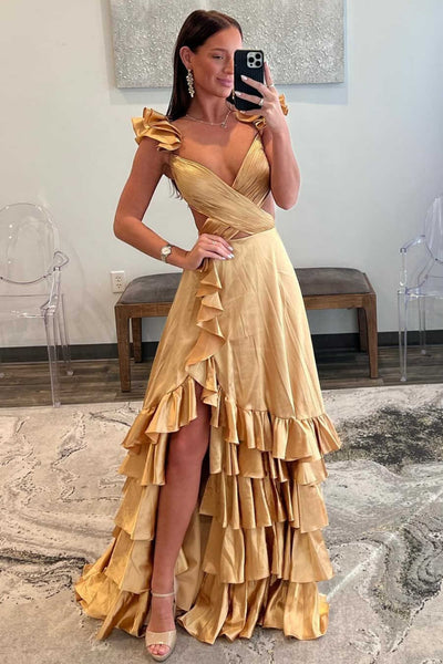 Criss Cross Top Ruffled Straps Red Green Golden Pink Pleated Layered Long Prom Dresses, Criss Cross Layered Long Formal Dresses