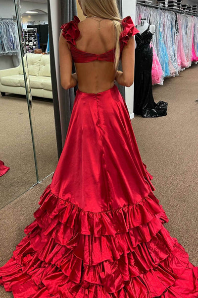 Criss Cross Top Ruffled Straps Red Green Golden Pink Pleated Layered Long Prom Dresses, Criss Cross Layered Long Formal Dresses