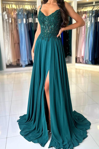 Dark Green V Neck Lace Prom Dresses, Dark Green V Neck Lace Formal Evening Dresses