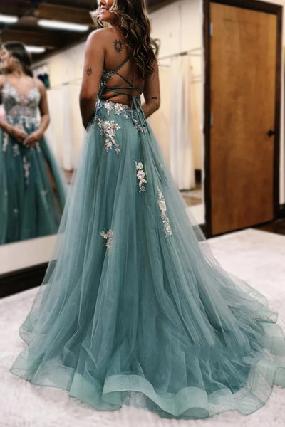 V Neck Green Tulle Lace Floral Long Prom Dresses, Green Tulle Floral Formal Evening Dresses