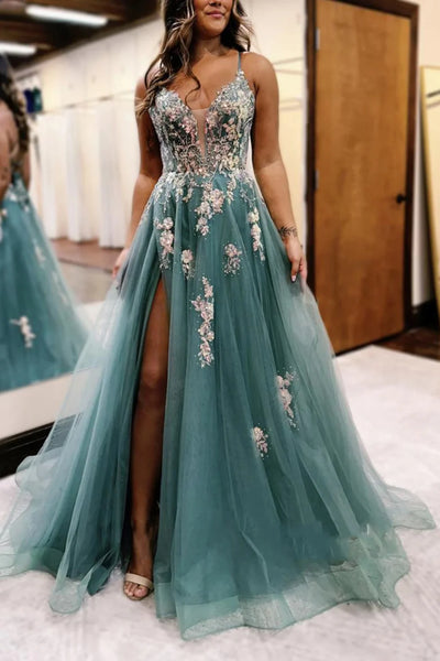 V Neck Green Tulle Lace Floral Long Prom Dresses, Green Tulle Floral Formal Evening Dresses