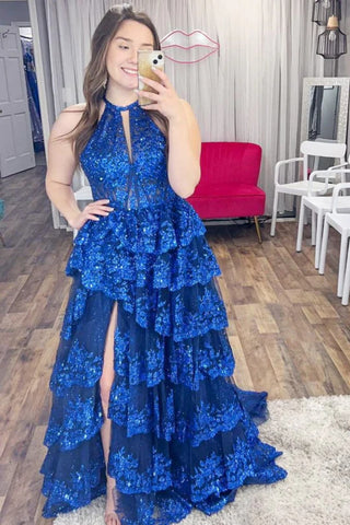 Halter Neck Pink Blue Layered Lace Prom Dresses, Lace Layered Formal Evening Dresses