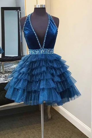 Halter V Neck Backless Ruffle Beaded Blue/Red Short Prom Dresses, Blue/Red Tulle Homecoming Dresses