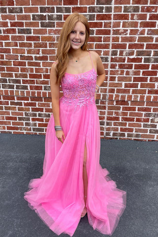 Strapless Hot Pink Lace Prom Dresses, Hot Pink Lace Formal Evening Dre –  Eip Collection
