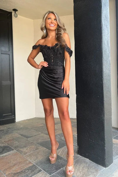 Off Shoulder Mermaid Black Lace Prom Dresses, Short Black Lace Homecoming Dresses, Mermaid Black Formal Graduation Evening Dresses