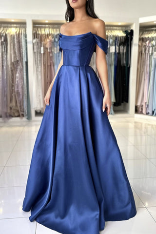 Off Shoulder Navy Blue Satin Long Prom Dresses, Off the Shoulder Formal Dresses, Navy Blue Evening Dresses