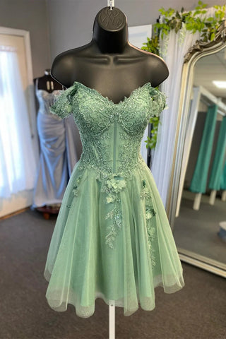Off Shoulder Sage Green Lace Prom Dresses, Short Sage Lace Homecoming Dresses, Sage Formal Evening Dresses