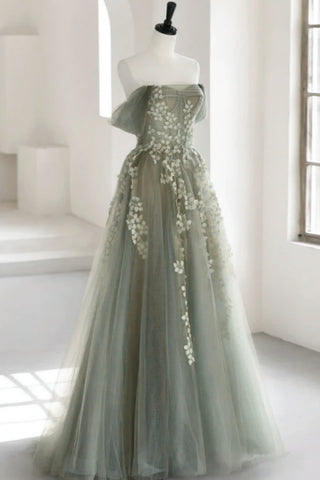 Off the Shoulder Green Lace Floral Long Prom Dresses, Green Long Floral Formal Evening Dresses