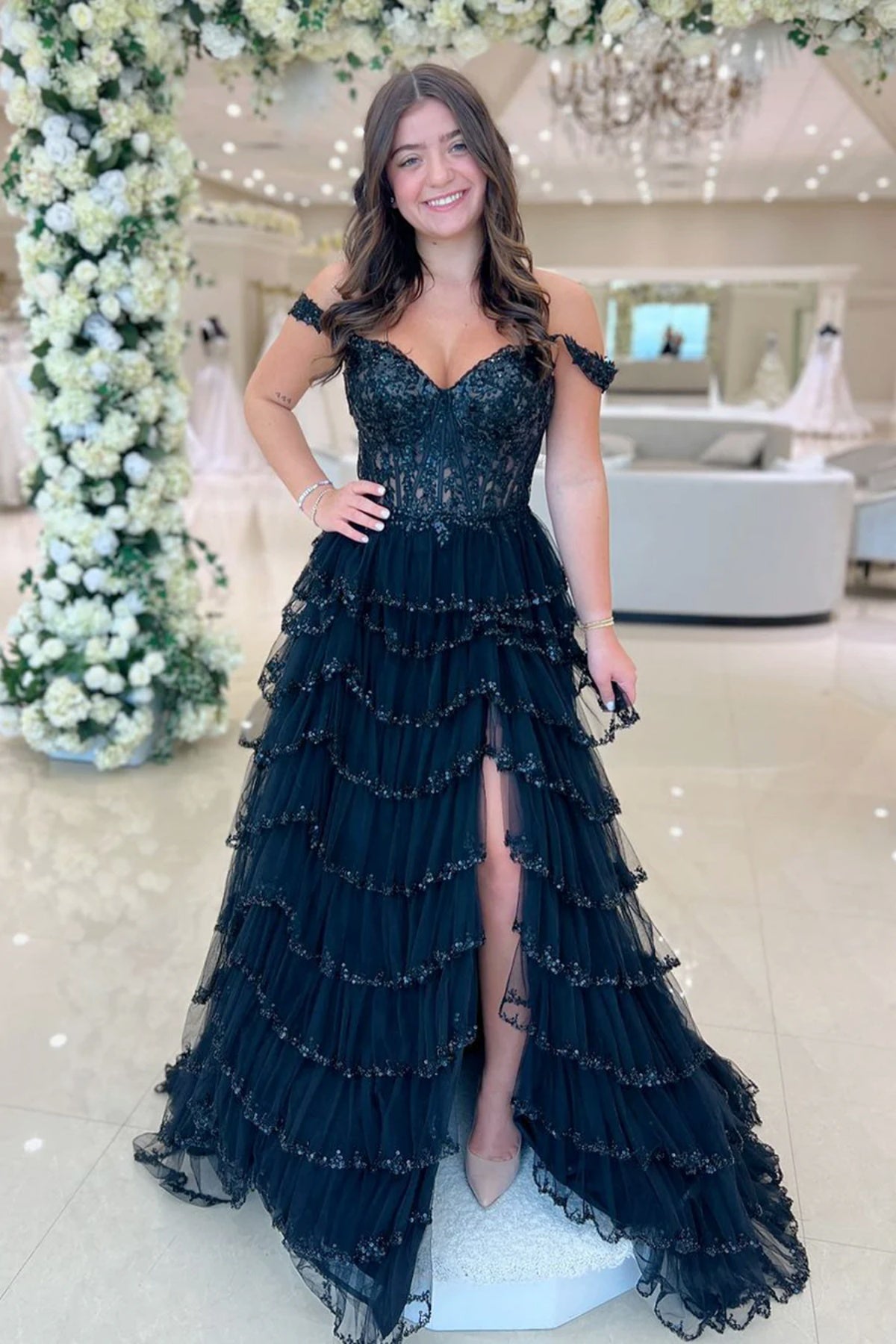 Off the Shoulder Black Layered Lace Prom Dresses, Black Layered Lace Formal Evening Dresses