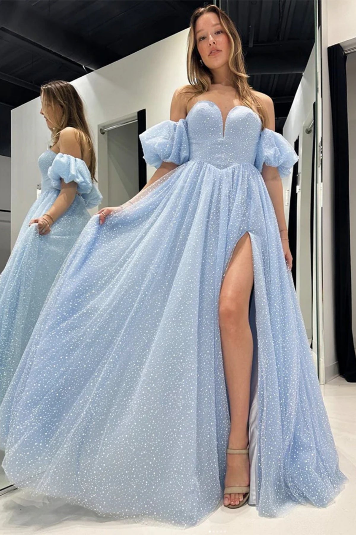 Off the Shoulder Blue Tulle Prom Dresses, Off Shoulder Blue Tulle Formal Evening Dresses